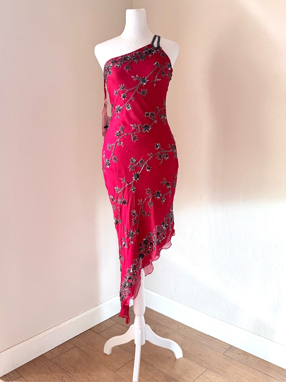 NWT Vintage Scala 1990s Red Silk One Shoulder Beaded Asymmetrical Midi Dress S